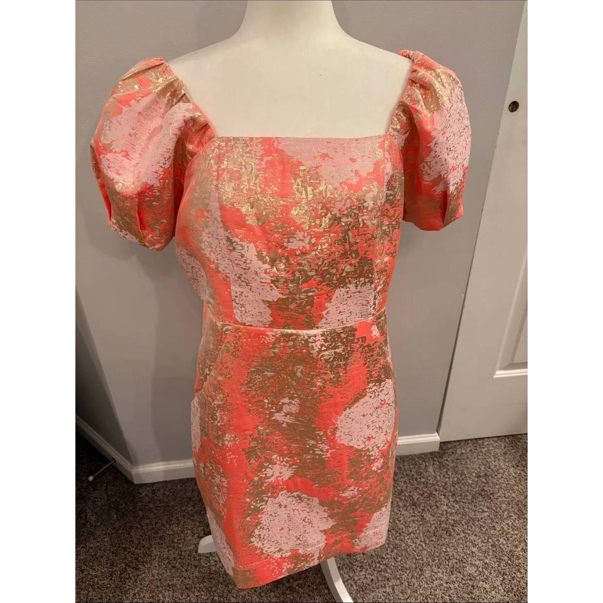 New Jade Women's Metallic Puff Sleeve Dress In Gold/Coral